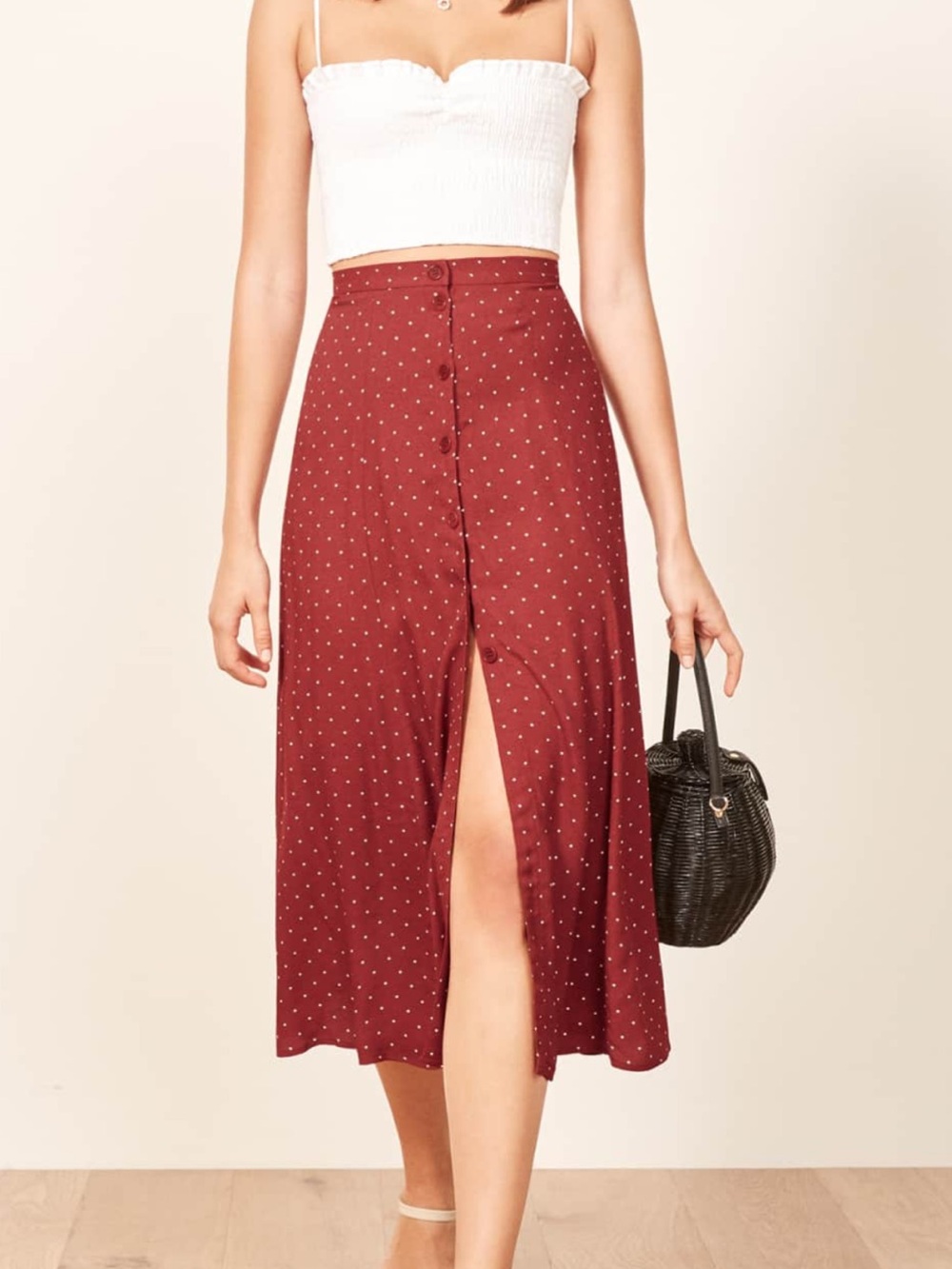 Reformation Size 4 Hermosa Polka Dot Button-Front Midi Skirt in Red